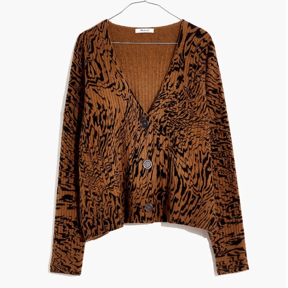 Madewell Tigerized Cameron Ribbed Cardigan Sweater in Coziest Yarn